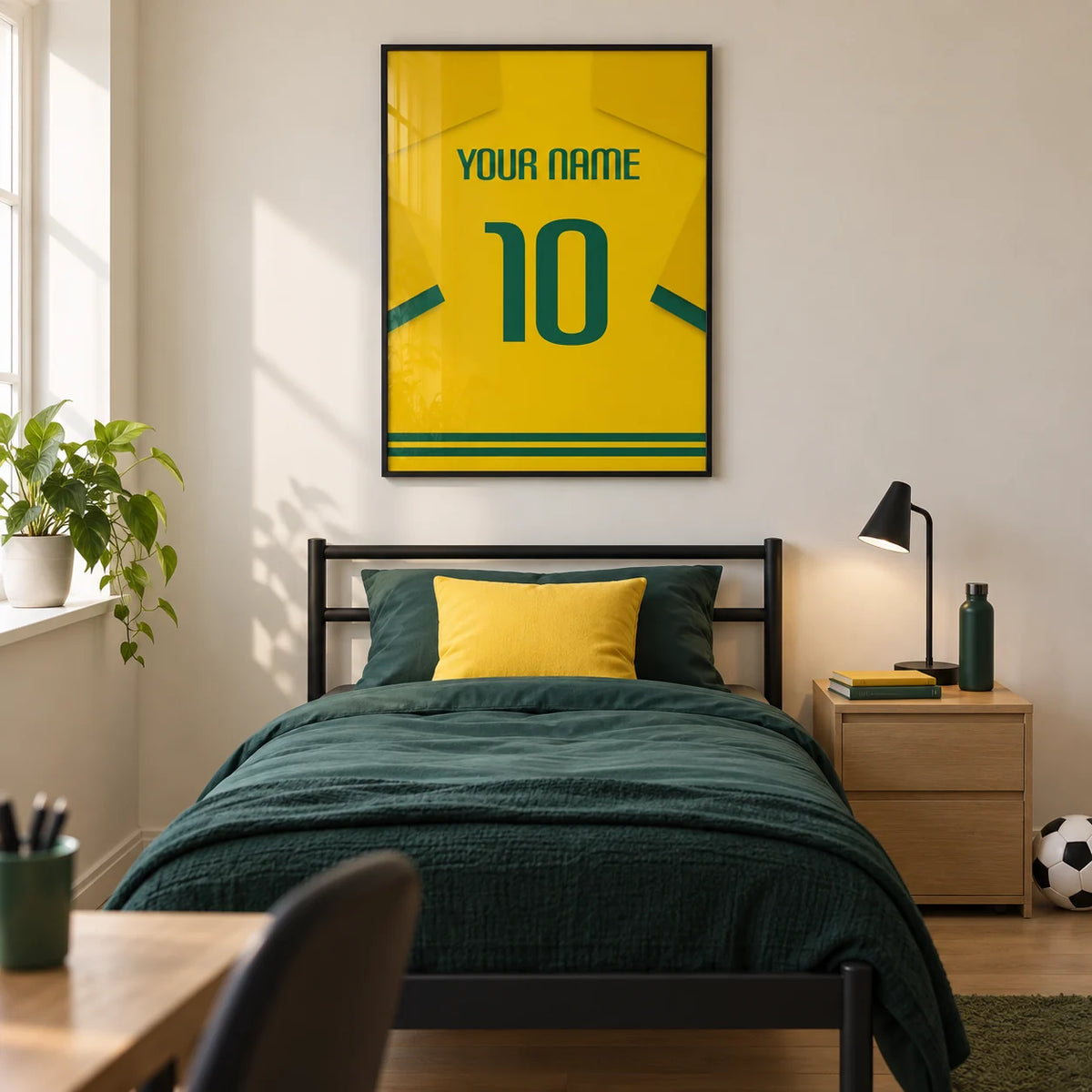 Football Shirt Poster in Yellow with Green Number, framed on the wall of a modern football-loving teenager's single bedroom (13-17) in a UK family home with a warm white wall and pale oak floor