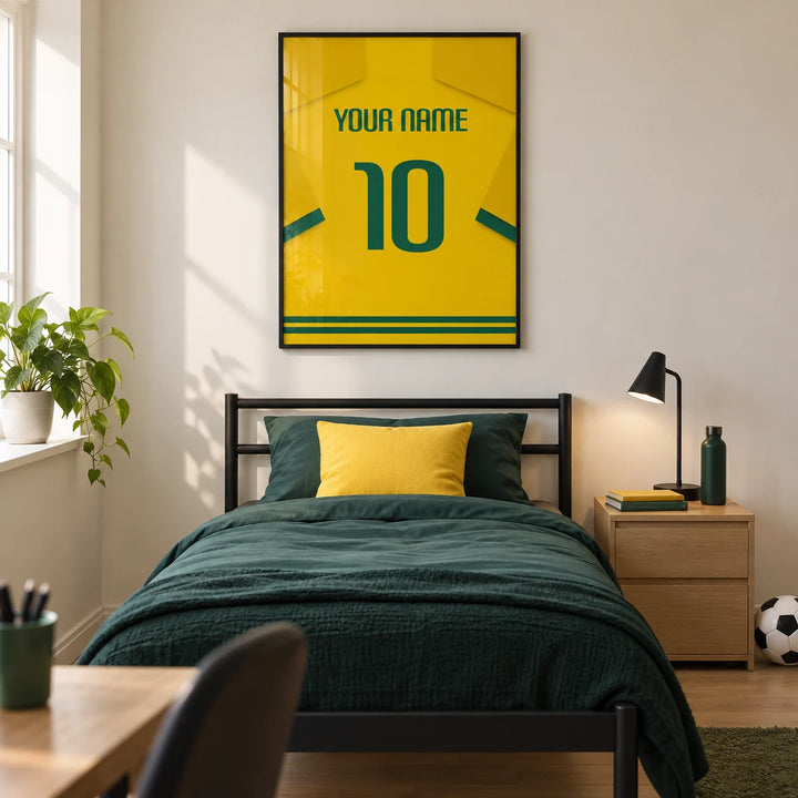 Football Shirt Poster in Yellow with Green Number, framed on the wall of a modern football-loving teenager's single bedroom (13-17) in a UK family home with a warm white wall and pale oak floor
