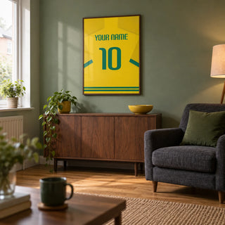 Football Shirt Poster in Yellow with Green Number, framed on the wall of a small football-viewing snug in a UK semi-detached home with a muted green wall and warm oak flooring in a living room