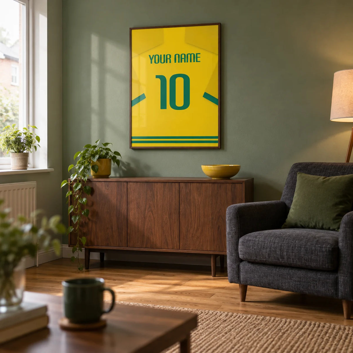 Football Shirt Poster in Yellow with Green Number, framed on the wall of a small football-viewing snug in a UK semi-detached home with a muted green wall and warm oak flooring in a living room