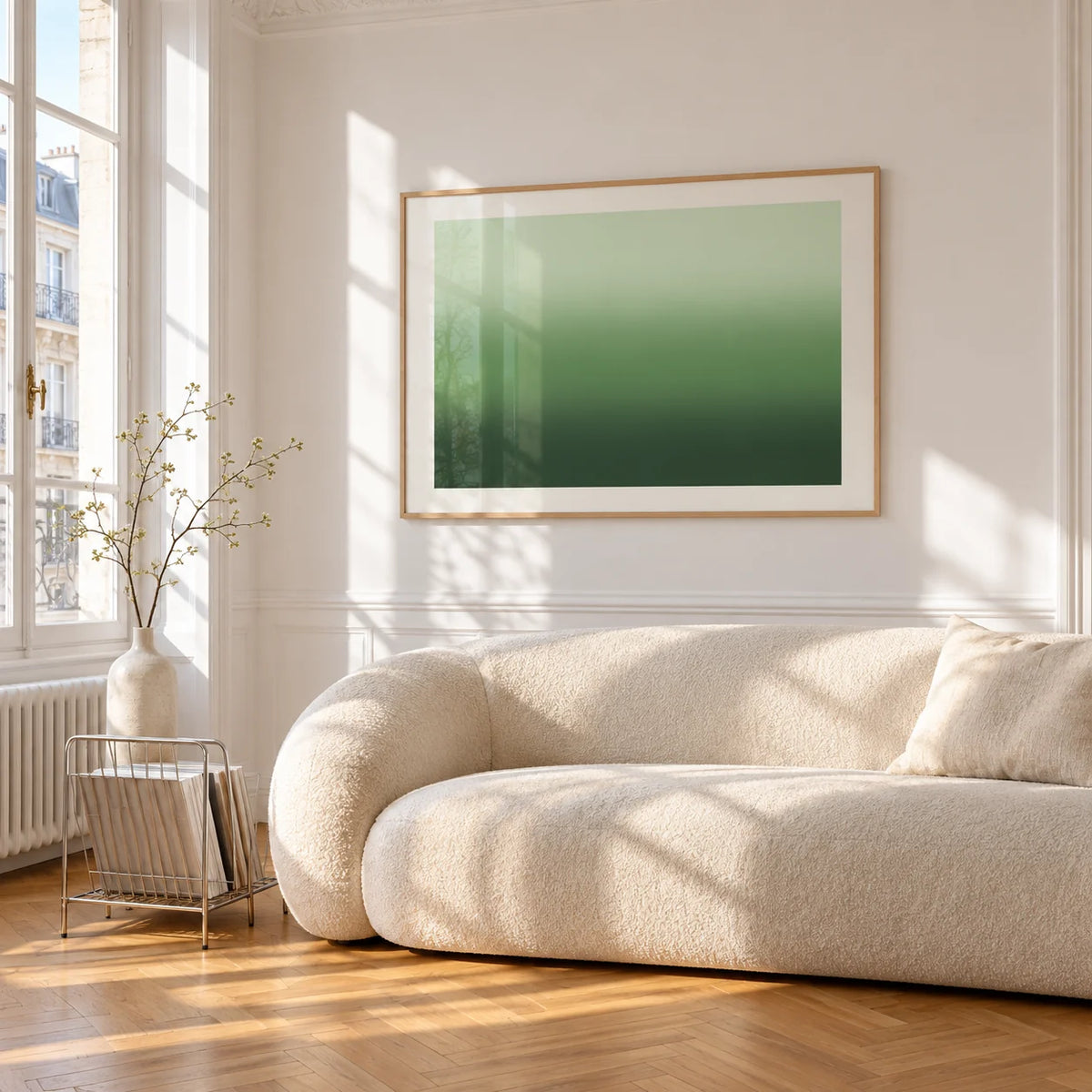 Forest Green Wall Art, framed on the wall of a bright living room corner