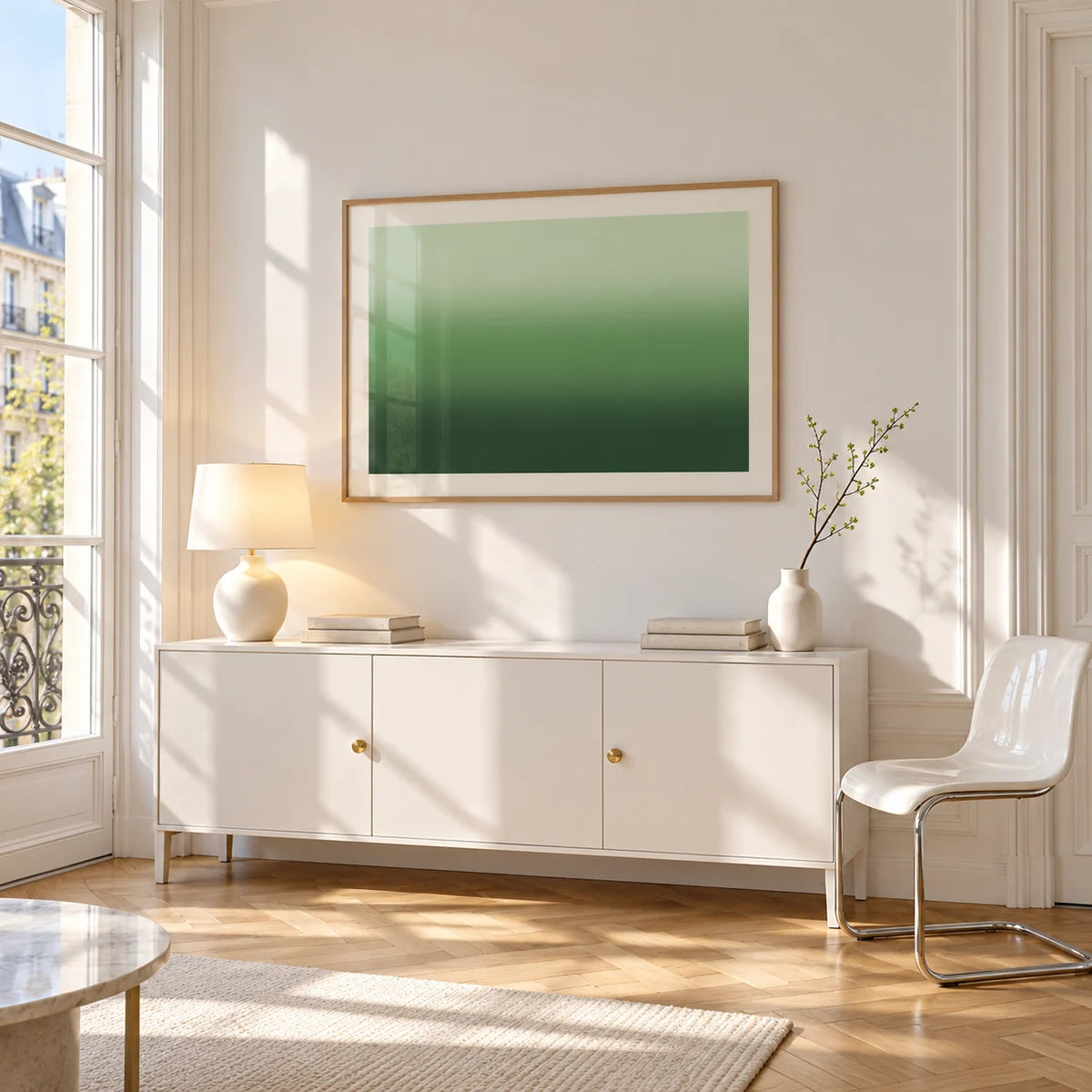 Forest Green Wall Art, framed on the wall of a bright Paris style apartment in a living room