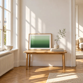 Forest Green Wall Art, a small A4 framed print leaning on a small solid oak side table