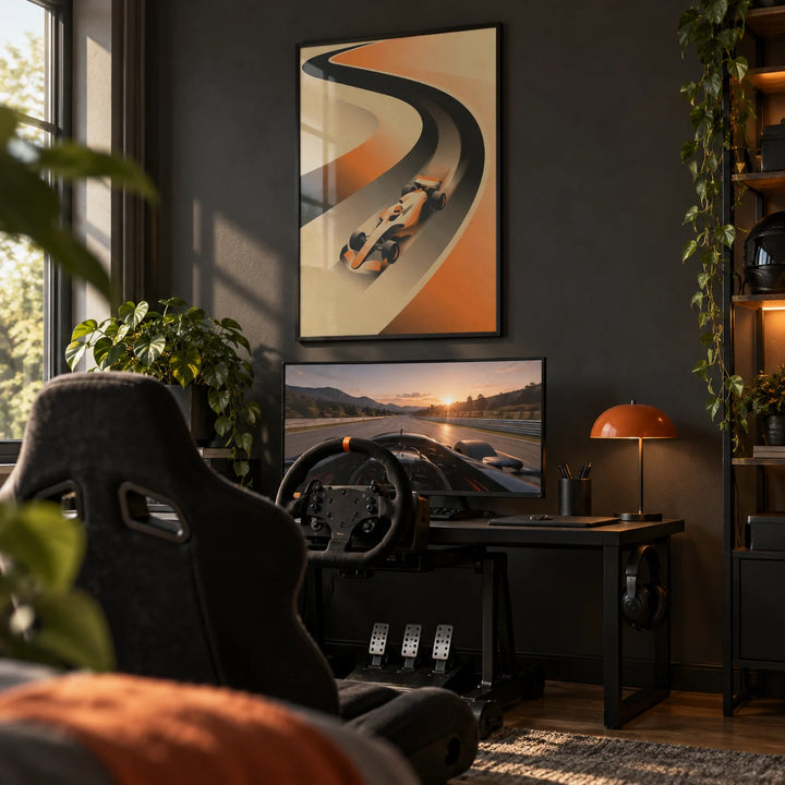 Formula Racing Art Print, framed on the wall of a young adult's sim-racing corner (18-30) with a charcoal wall in a home office