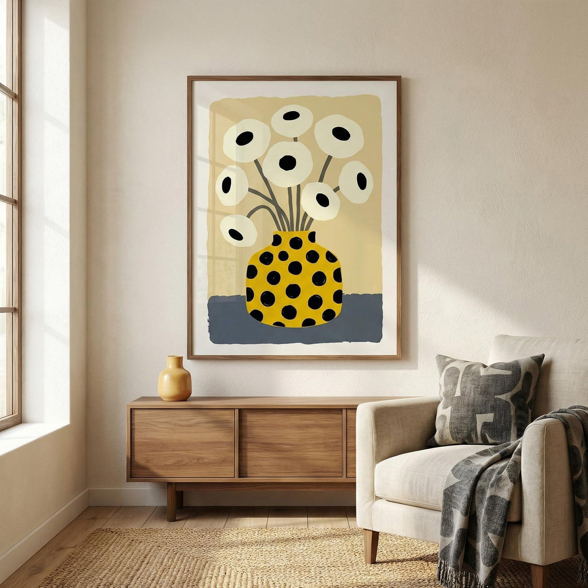 Yellow Vase Poster print on a wall in a bright room above a wooden sideboard