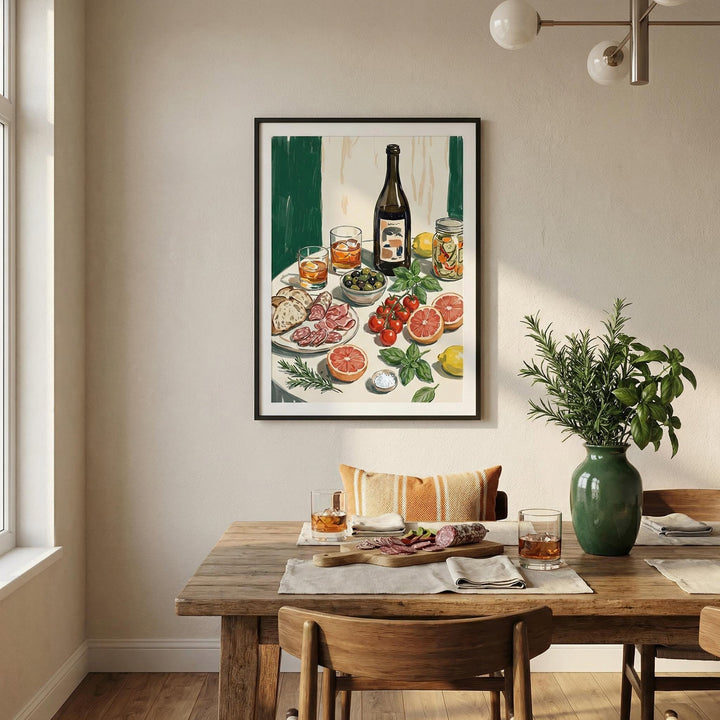 Food And Drink Art Print leaning on a dining room wall, charcuterie table with green, red and beige tones, plant in vase