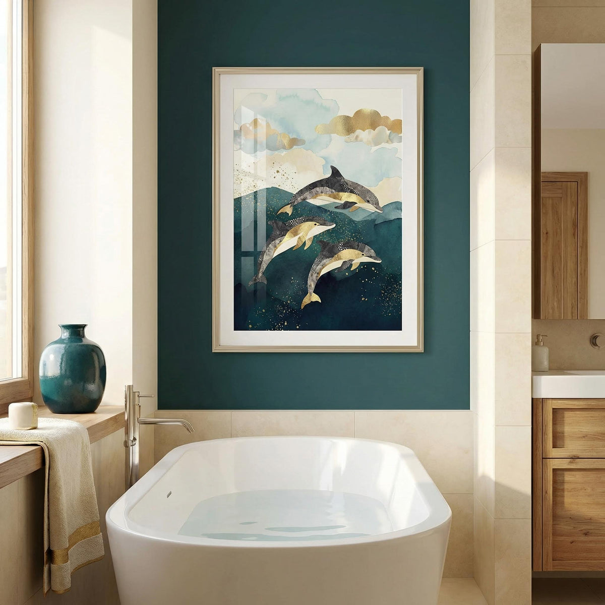 Dolphins Poster framed print of three watercolour dolphins with gold highlights in a bathroom