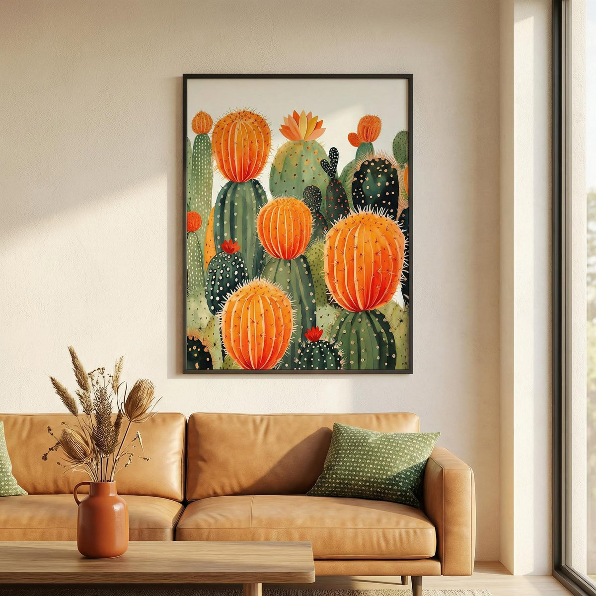 Large Cactus Wall Art above a brown leather sofa with a green cushion in a sunlit living room