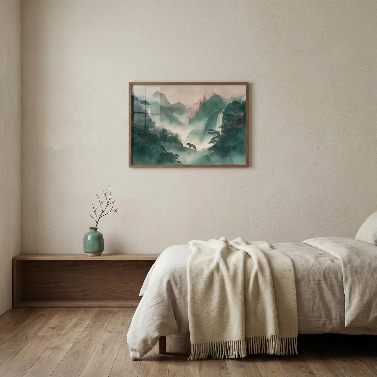 Tiger Landscape wall art with green and pink tones hanging above a wooden bedside table with a green vase in a bedroom
