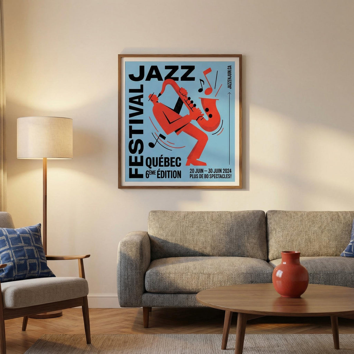 Music wall art of a red saxophone player with typographic elements above a sofa with cushions in a living room