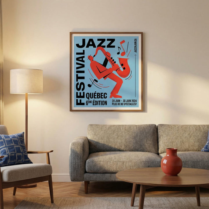 Music wall art of a red saxophone player with typographic elements above a sofa with cushions in a living room