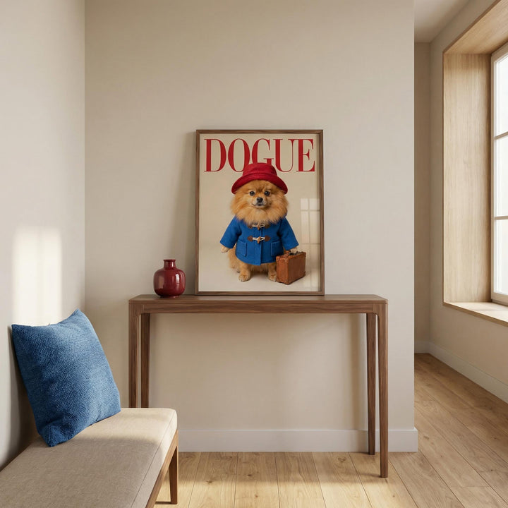 Pomeranian Poster print leaning on a wooden console with a red vase in a modern hallway