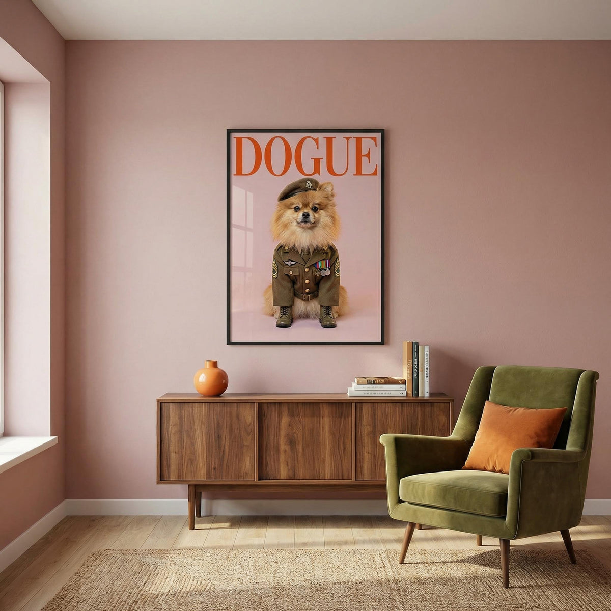 Military Dog wall art of a dog in uniform with medals above a wooden sideboard in a pink room