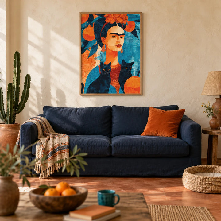 Frida Kahlo Cat, framed on the wall of a warm Mexican-modern living room with a limewashed cream plaster wall and a plain terracotta floor
