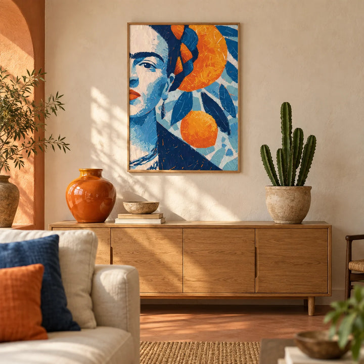 Frida Kahlo Gifts, framed on the wall of a warm Mexican-modern living room with a cream limewashed plaster wall and a plain terracotta floor