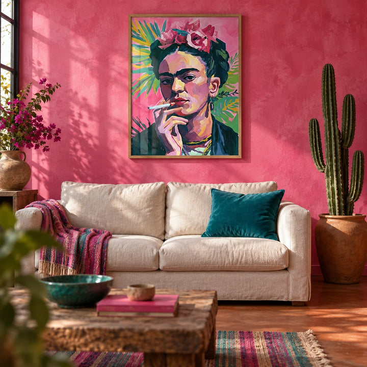 Frida Kahlo Painting, framed on the wall of a bold Mexican-modern living room with a limewashed hot pink plaster wall and a plain terracotta floor