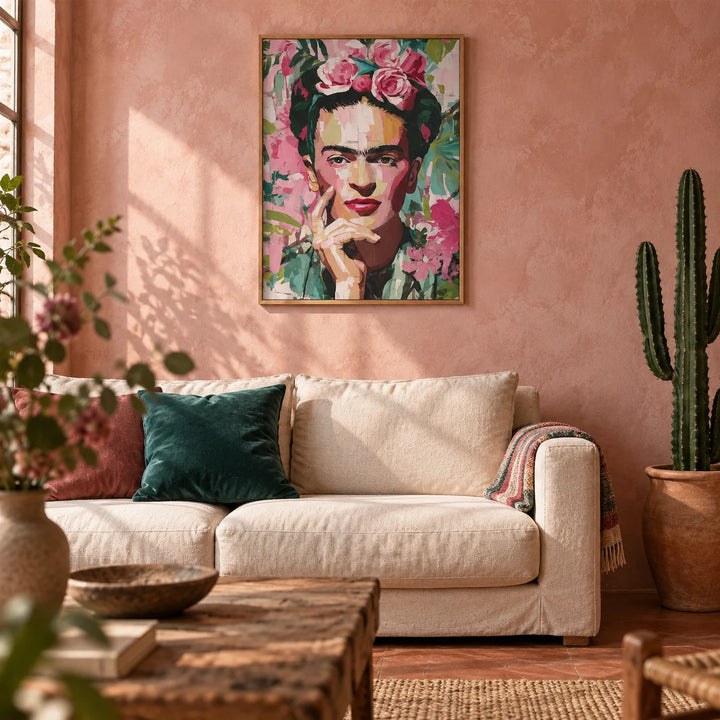 Wall Art Frida Kahlo, framed on the wall of a warm Mexican-modern living room with a limewashed dusty pink plaster wall and a plain terracotta floor