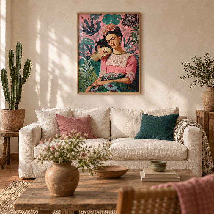 Wall Art Frida Kahlo, framed on the wall of a warm Mexican-modern living room with a limewashed warm white plaster wall and a plain terracotta floor