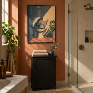 Frog Bathroom Art, framed on the wall of a characterful guest shower room in a renovated terrace with a muted terracotta painted dry wall and plain cream shower tiles