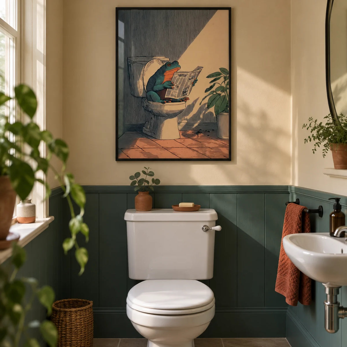 Frog Bathroom Art, framed on the wall of a compact downstairs cloakroom in a Victorian terrace with warm beige walls and plain teal-green lower panelling