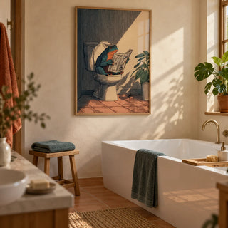 Frog Bathroom Art, framed on the wall of a warm modern family bathroom with cream plaster walls and plain terracotta floor tiles