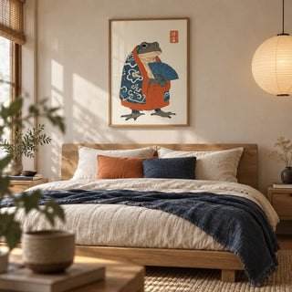 Frog In Kimono Print, framed on the wall of a calm Japandi bedroom