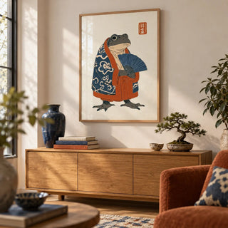 Frog In Kimono Print, framed on the wall of a quirky living room