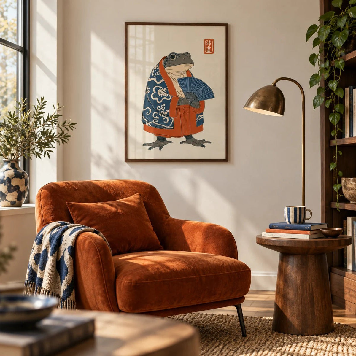 Frog In Kimono Print, framed on the wall of a reading corner in a living room