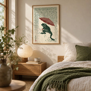 Frog In Rain Art Print, framed on the wall of a calm Japandi bedroom