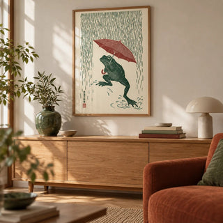 Frog In Rain Art Print, framed on the wall of a calm living room with character