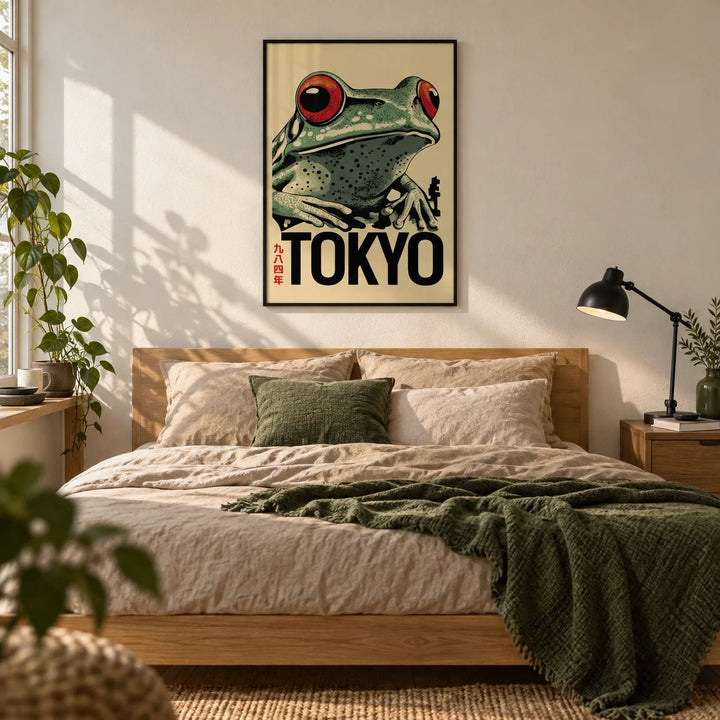Frog Poster, framed on the wall of a tidy young adult bedroom (20-28) with a warm white wall