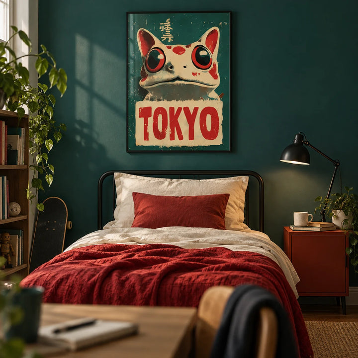 Frog Prints, framed on the wall of a cool teen's bedroom (13-17) with a dark teal painted wall