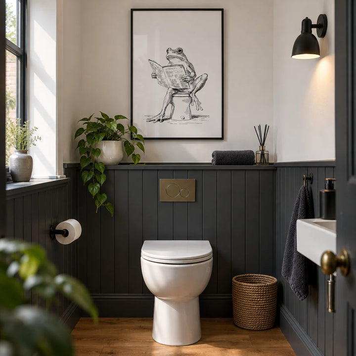Reading Frog Art Print, framed on the wall of a compact downstairs cloakroom in a UK terraced house with white upper walls and charcoal painted tongue-and-groove panelling in a bathroom