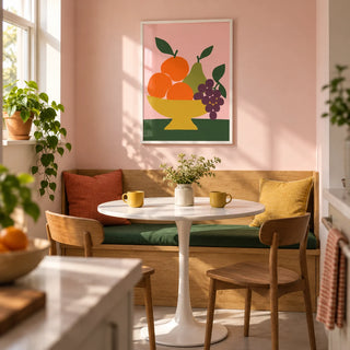 Fruit Bowl Print, framed on the wall of a compact kitchen breakfast nook in a UK first flat for a couple aged 25-35