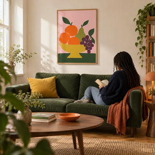 Fruit Bowl Print, framed on the wall of a design-led living room in a UK city flat with warm white walls and an oak floor