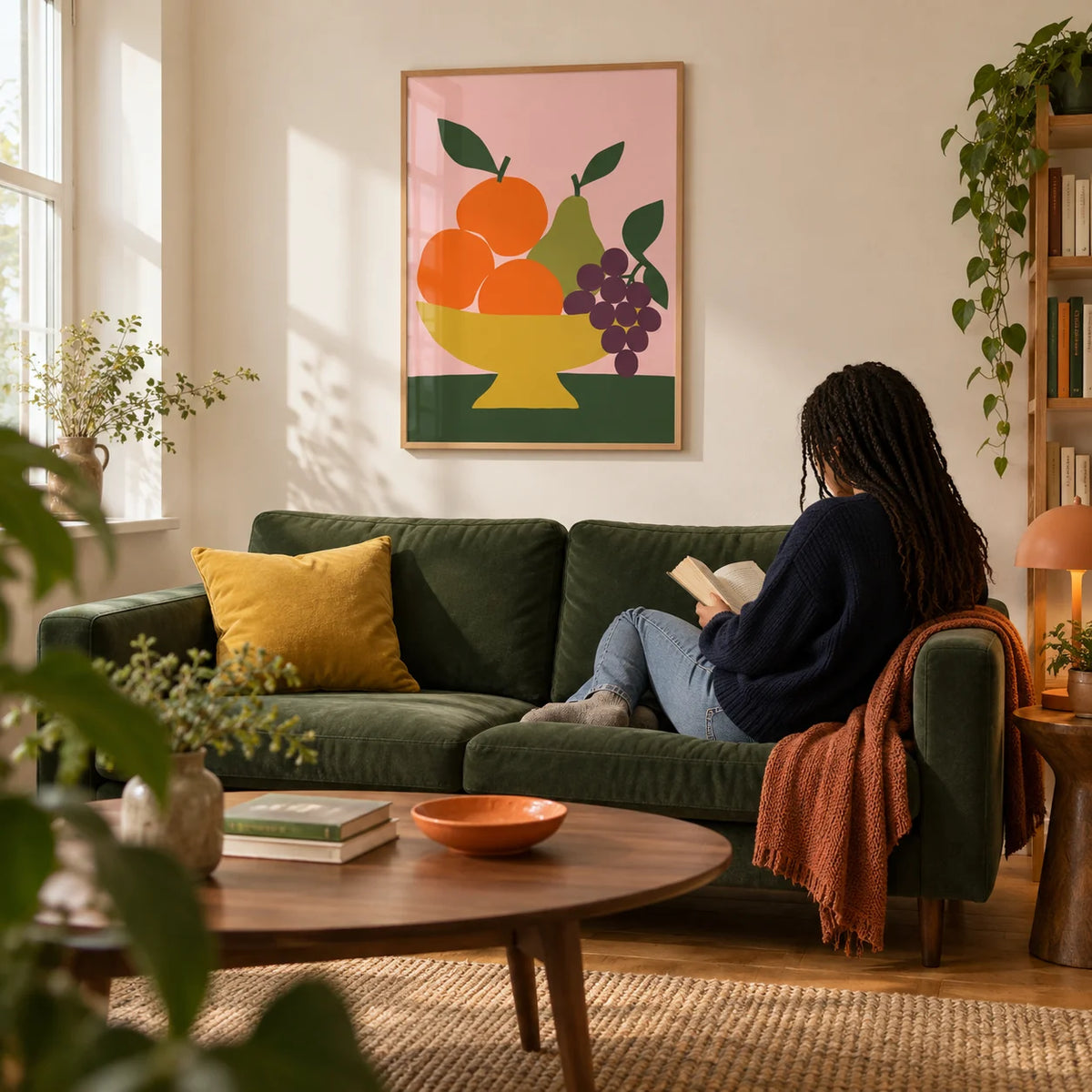 Fruit Bowl Print, framed on the wall of a design-led living room in a UK city flat with warm white walls and an oak floor