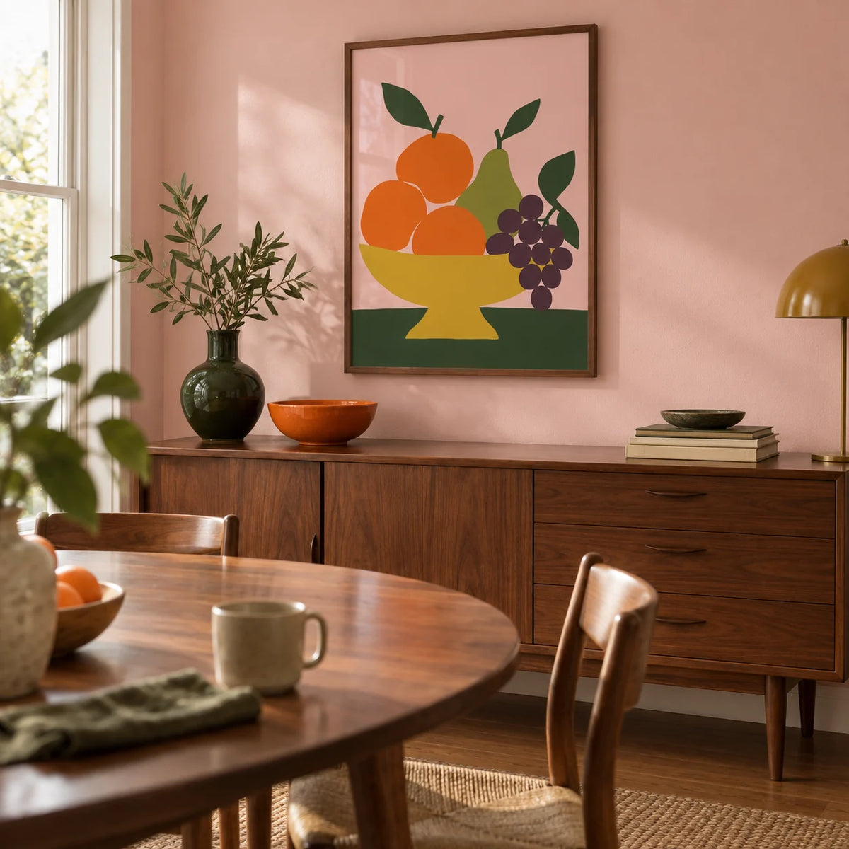 Fruit Bowl Print, framed on the wall of a mid-century dining room in a UK family home with pale pink walls and a walnut floor