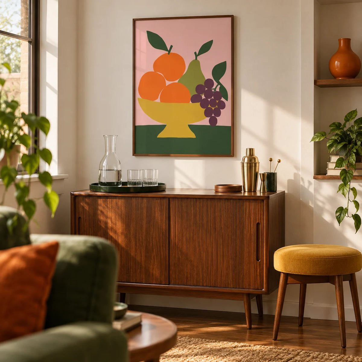 Fruit Bowl Print, framed on the wall of a small mid-century home bar corner within a UK living room with warm white walls and a walnut drinks cabinet