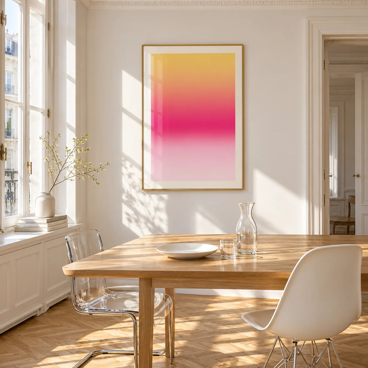 Fuchsia Wall Art, framed on the wall of a bright dining corner