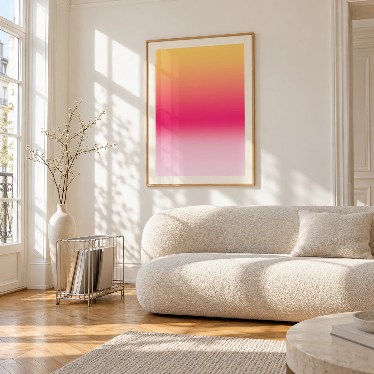 Fuchsia Wall Art, framed on the wall of a bright living room corner