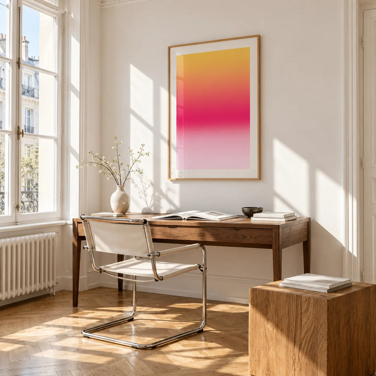 Fuchsia Wall Art, framed on the wall of a bright study corner with a tall white paned window