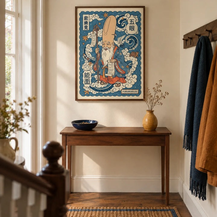 Fukurokuju Wall Art, framed on the wall of a welcoming hallway in a Victorian UK terrace with warm cream plaster walls and oak floorboards