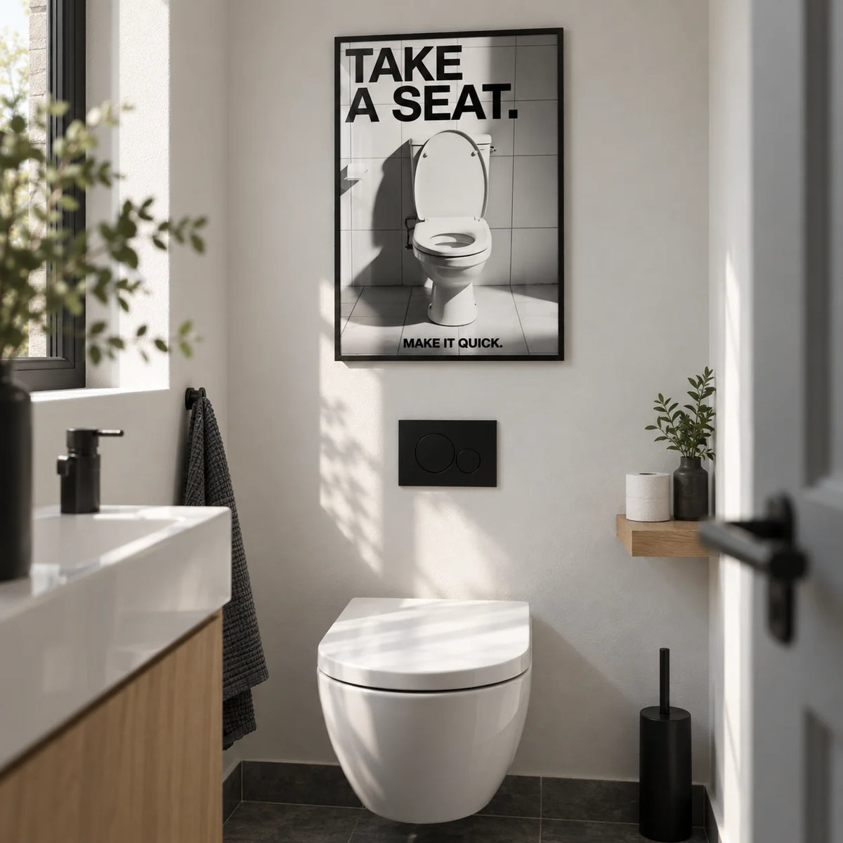 Funny Bathroom Art, framed on the wall of a small guest WC with a white wall
