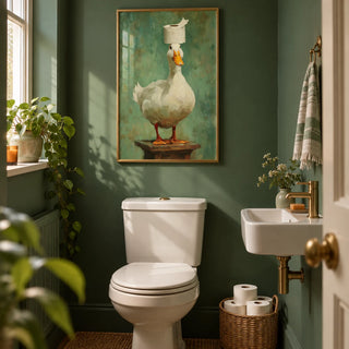 Funny Duck Wall Art, framed on the wall of a small downstairs loo with a deep green painted wall in a bathroom