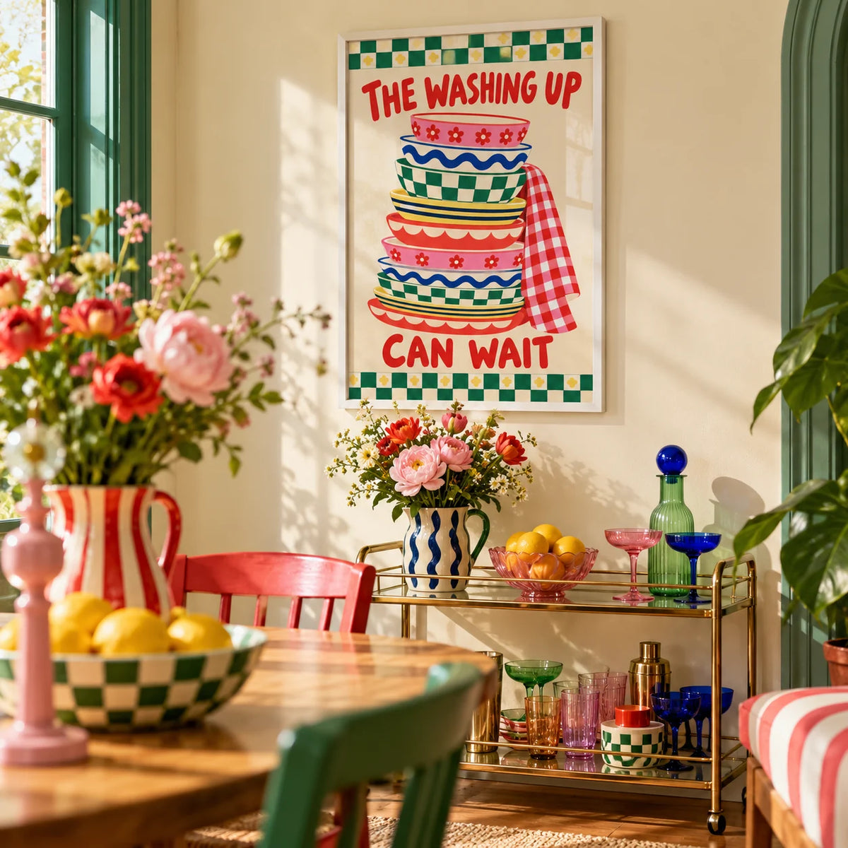 Funny Kitchen Wall Art, framed on the wall of a colourful dining corner