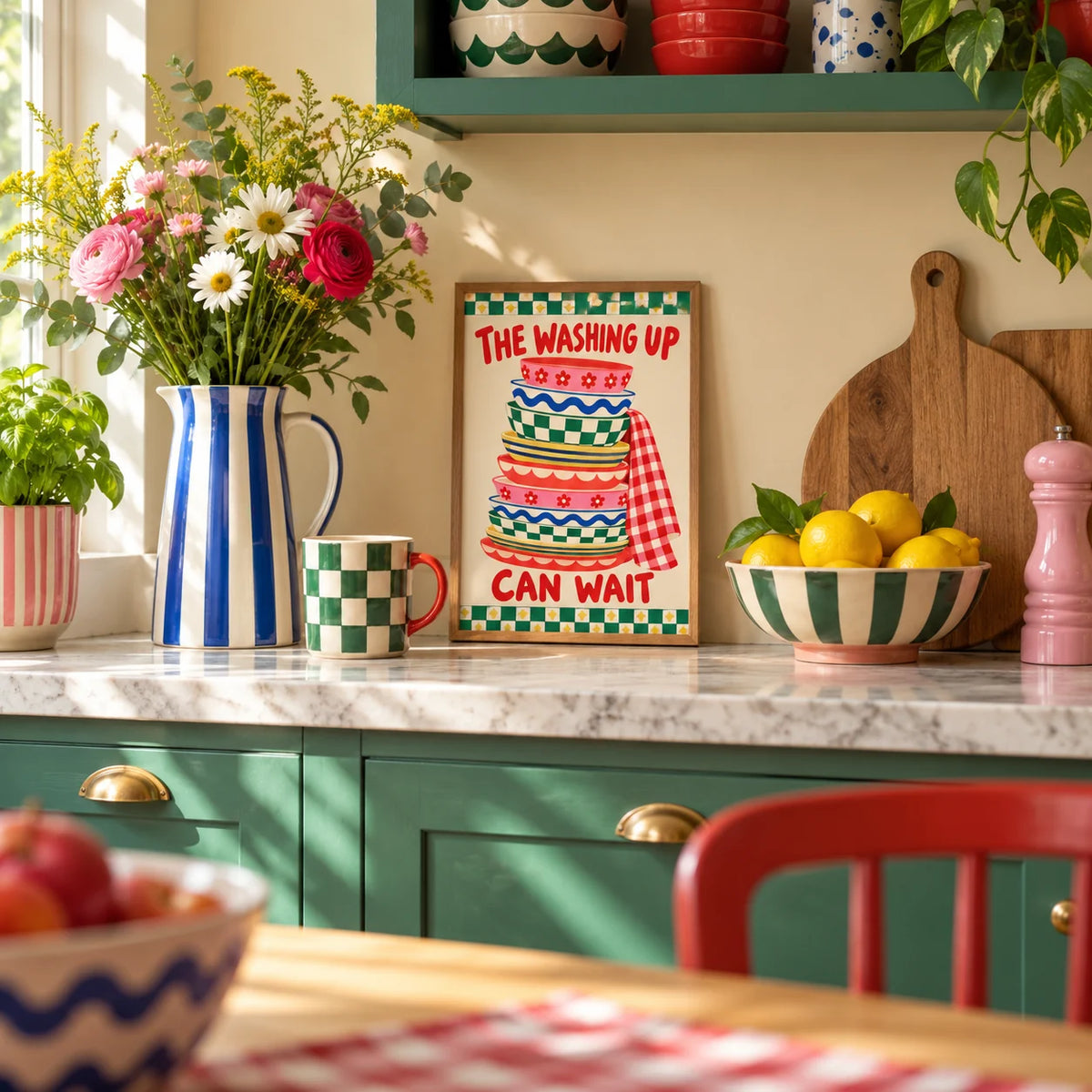 Funny Kitchen Wall Art, a small A4 framed print leaning on a kitchen worktop
