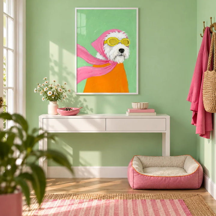 Funny Pet Poster, framed on the wall of a bright playful hallway with a mint green painted wall