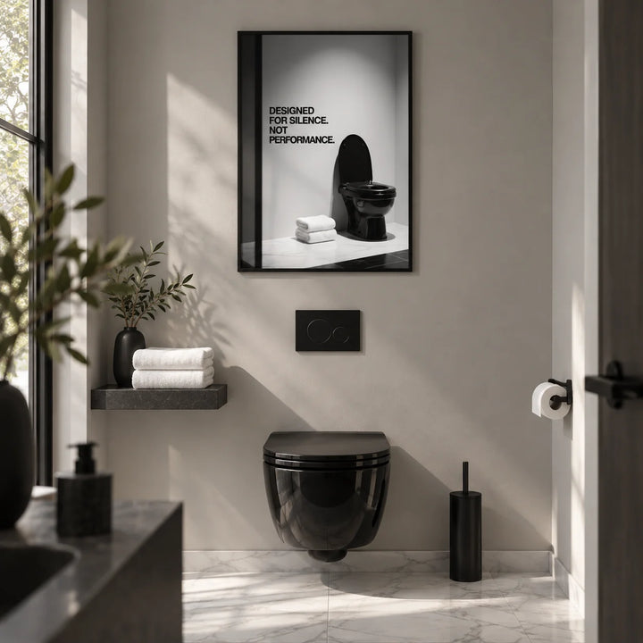 Funny Toilet Wall Art, framed on the wall of a design-led guest WC with a plain warm grey wall and a white marble-look floor