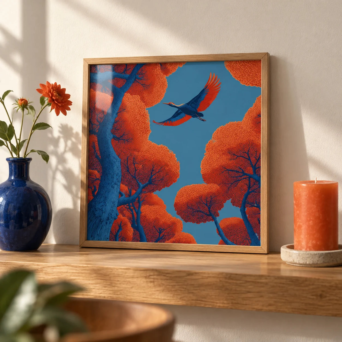 Fyling Bird Wall Decor, a small A4 framed print leaning on an oak shelf in a living room