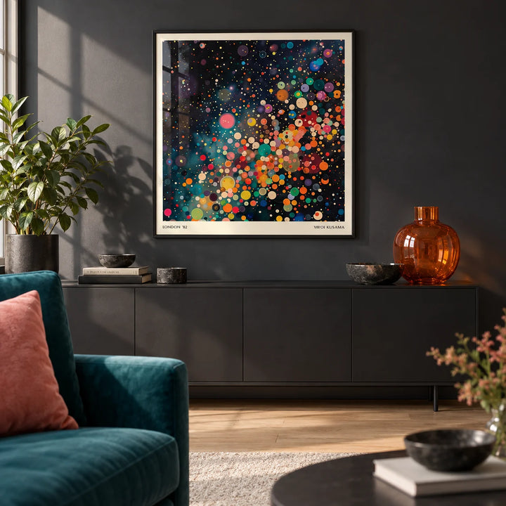 Galaxy Posters, framed on the wall of a modern living room with a deep charcoal wall and a pale oak floor